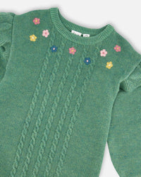 Knitted Dress Sage Green With Ruffles And Floral Embroidery - H20JT85_340