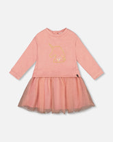 Bi-Material Dress Dusty Pink With Mesh Skirt And Unicorn