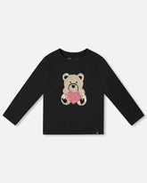 Black Organic Cotton T-Shirt With Reversible Sequin Teddy Bear