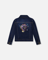 Stretch Denim Jacket Dark Blue With Glittery Hearts And Unicorn - H20N51_123