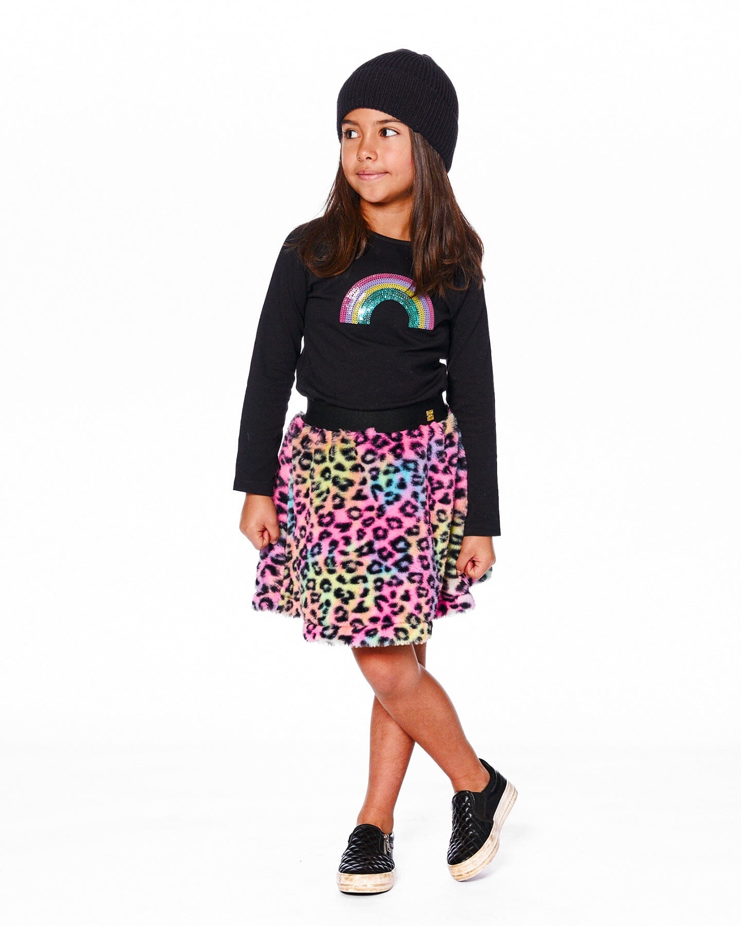 Organic Cotton Long Sleeve T-Shirt Black With Sequin Rainbow - H20N70_999