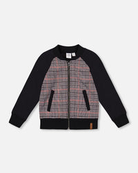 Bi-Material Zip Front Jacket Gray And Black Plaid - H20OB30_000