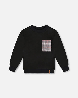 Super Soft Brushed Jersey Long Sleeve Top Black With Plaid Pocket - H20OB65_999