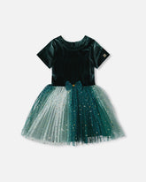 Bi-Material Short Sleeve Party Dress Forest Green