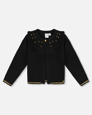 Knitted Cardigan With Rhinestones Black - H20OGT31_999