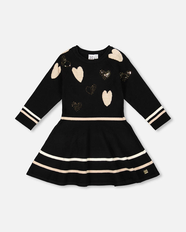 Knit Dress Black With Glittery Heart Motifs - H20OGT89_999
