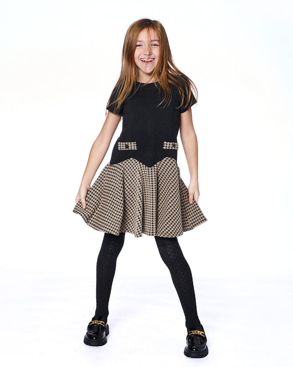Short Sleeve Bi-Material Milano And Jacquard Knit Dress Black - H20Q86_999