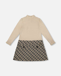 Long Sleeve Bi-Material Mock Neck Dress Beige And Plaid - H20Q87_193