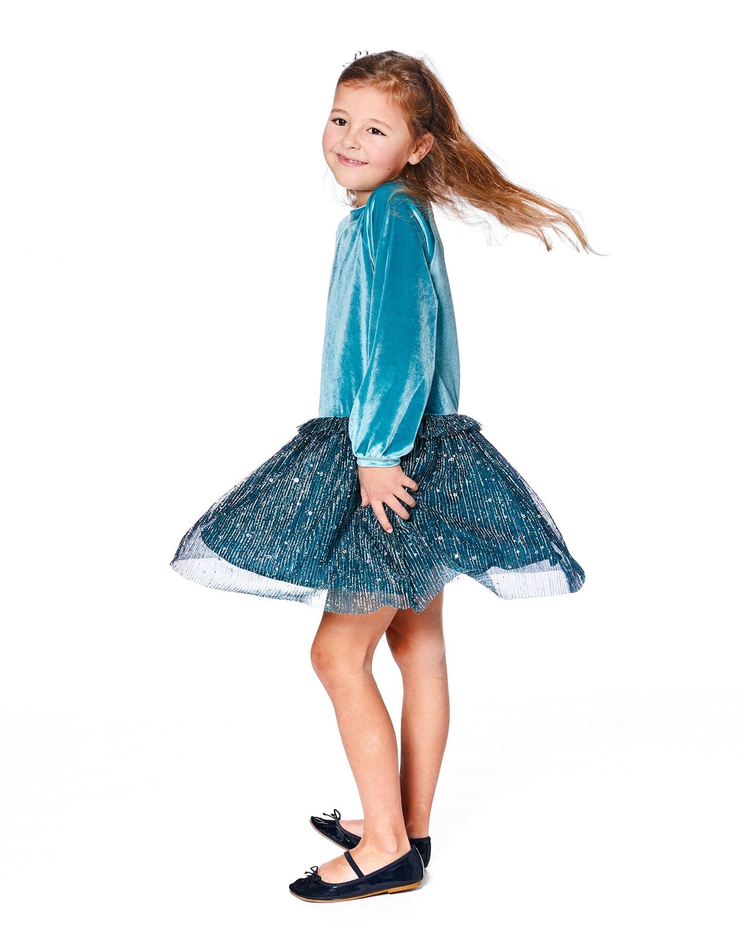 Long Sleeve Bi-Material Velvet And Pleated Mesh Dress Teal Blue - H20Q88_426