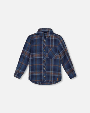 Long Sleeve Flannel Shirt Blue And Brown Plaid - H20U13_090