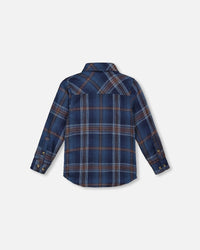 Long Sleeve Flannel Shirt Blue And Brown Plaid - H20U13_090