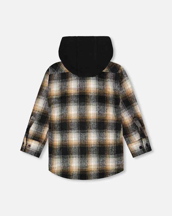 Hooded Polar Fleece Overshirt With Hood Black And Brown Plaid - H20U19_000