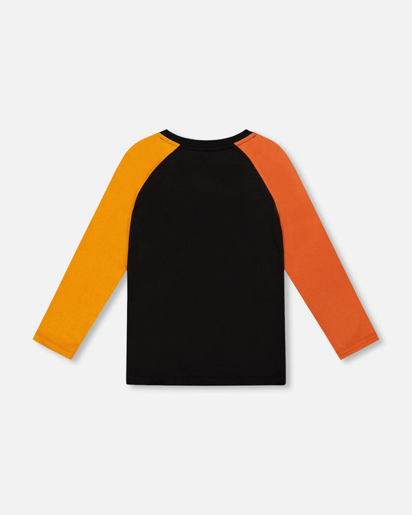 Black Long Sleeve Raglan T-Shirt With Glow-In-The-Dark Dinosaur Print - H20U70_999