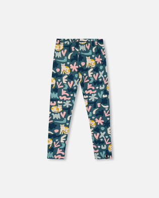 Stretch Jersey Leggings Green Cat Print - H20Z61_006