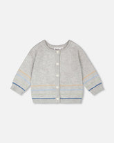 Cotton Knit Striped Button Front Cardigan Light Heather Grey