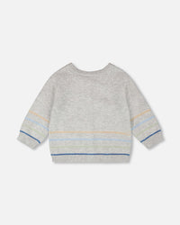 Cotton Knit Striped Button Front Cardigan Light Heather Grey - H30BT31_01910