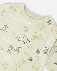 Organic Cotton Jersey Sweater And Pants Set Sage Green Animal Print Sets Deux par Deux 