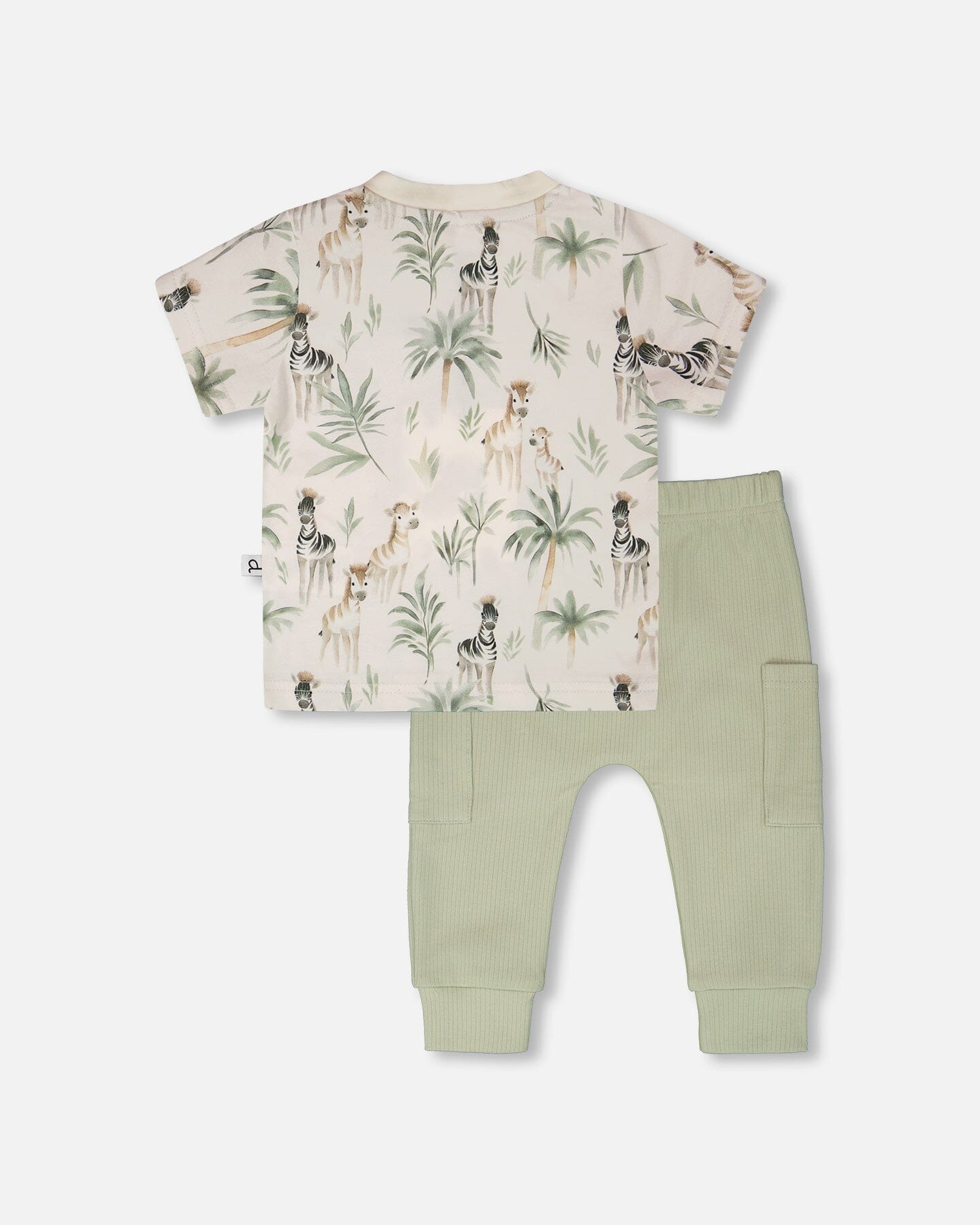Organic Cotton Jersey T-Shirt And Cotton Rib Pants Set Beige Zebra Print And Sage Green - H30C14_3H054
