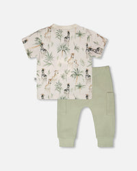 Organic Cotton Jersey T-Shirt And Cotton Rib Pants Set Beige Zebra Print And Sage Green - H30C14_3H054