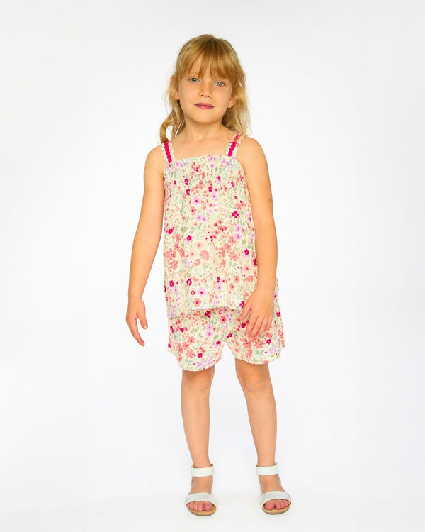 Tank Top With Smocking And Shorts Set In Muslin Off White Printed Flowers - H30F10_3H050