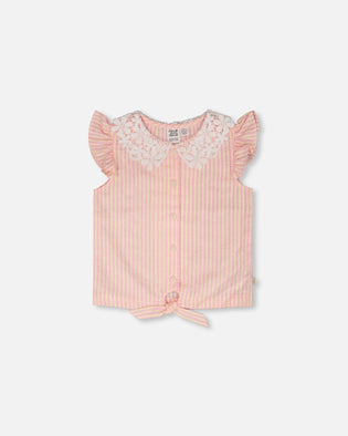Sleeveless Shirt Pink And Yellow Stripes With Crochet Collar Tees & Tops Deux par Deux 
