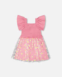 Mesh And Crinkle Jersey Dress With Smocking Pink - H30I87_06240