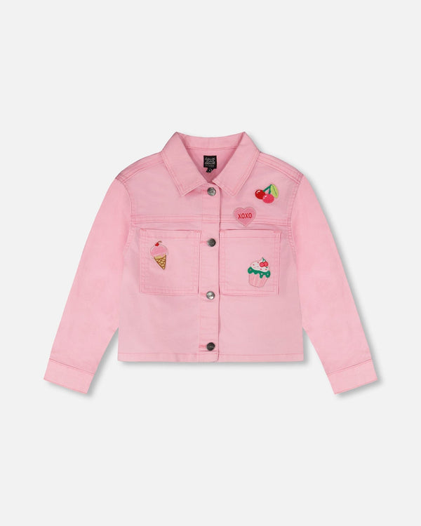 Pink Denim Jacket With Embroidered Patches - H30L50_06050