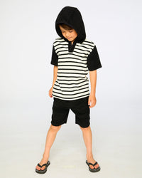 Hooded Terry T-Shirt With Shorts Set Black And White Stripes - H30OB12_04810