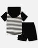Hooded Terry T-Shirt With Shorts Set Black And White Stripes - H30OB12_04810