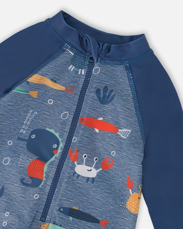 Baby And Toddler One-Piece Long Sleeve Rashguard Blue Printed Marine Animals - H30OB16_3H158