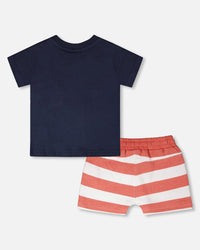 Organic Cotton T-Shirt And Short Set Blue And Brick Stripes - H30T10_04840