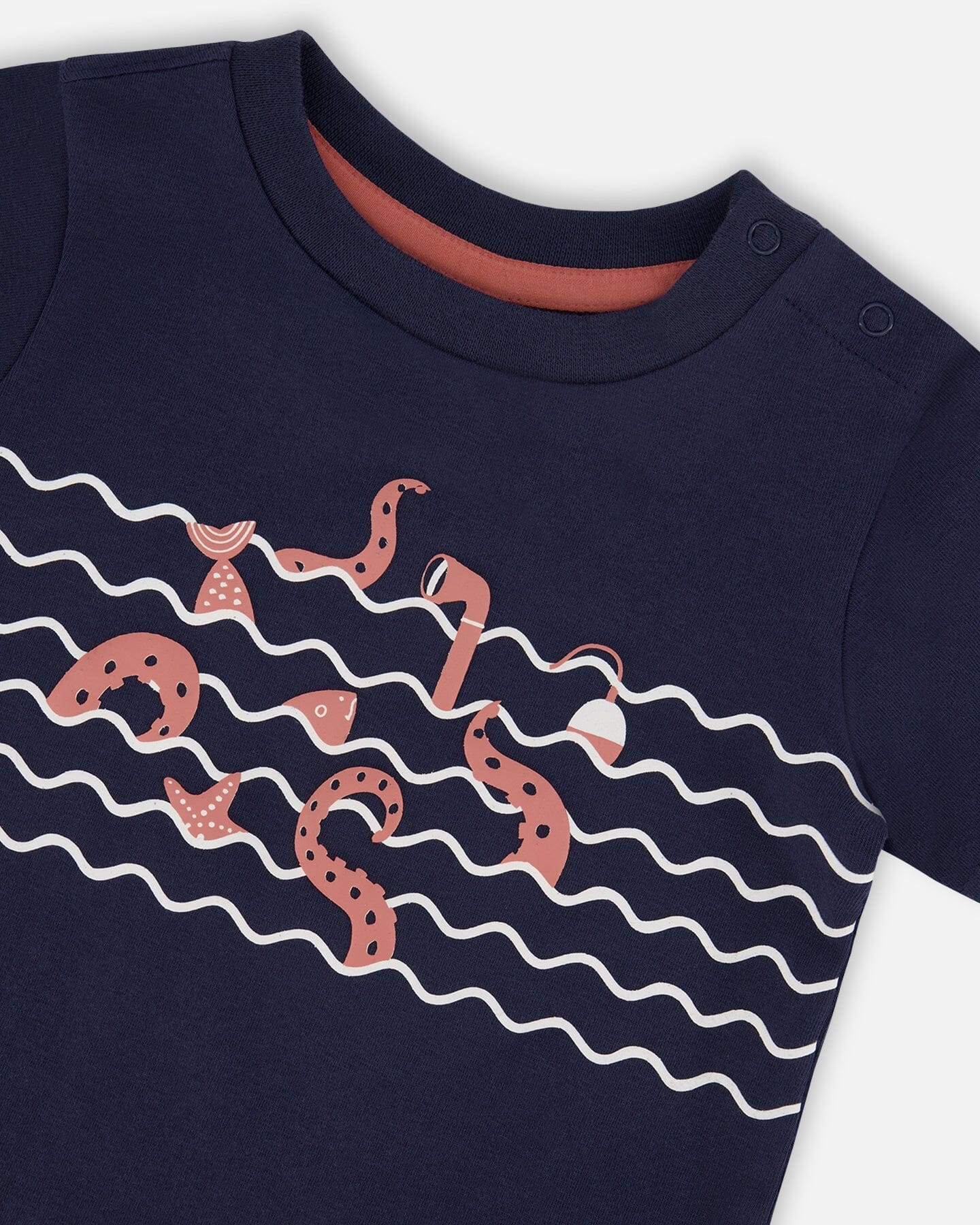 Organic Cotton T-Shirt And Short Set Blue And Brick Stripes - H30T10_04840