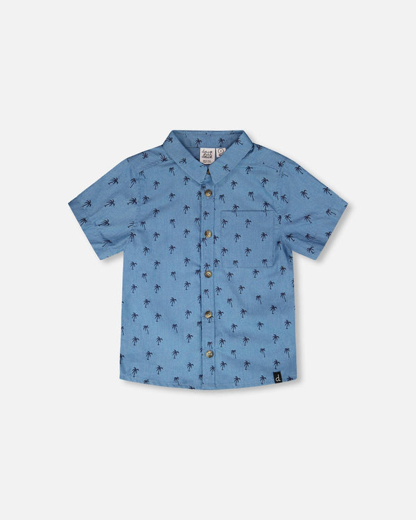 Short Sleeve Chambray Shirt Blue Palm Print - H30T15_3H103