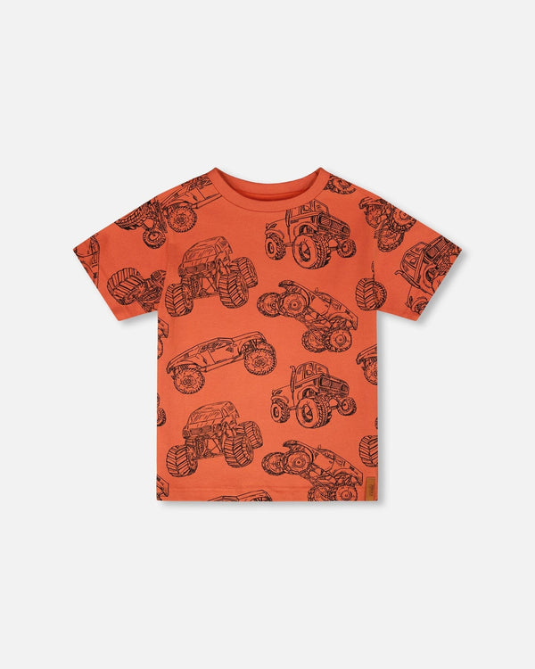 Organic Cotton Jersey T-Shirt Orange Printed Trucks - H30U72_3H121