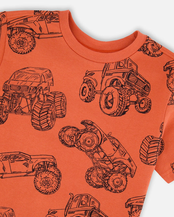 Organic Cotton Jersey T-Shirt Orange Printed Trucks - H30U72_3H121