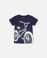 Organic Cotton Jersey T-Shirt With Bike Print Dark Blue
