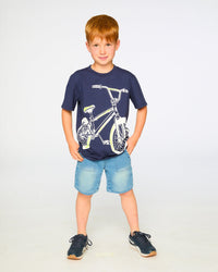 Organic Cotton Jersey T-Shirt With Bike Print Dark Blue - H30U79_04810