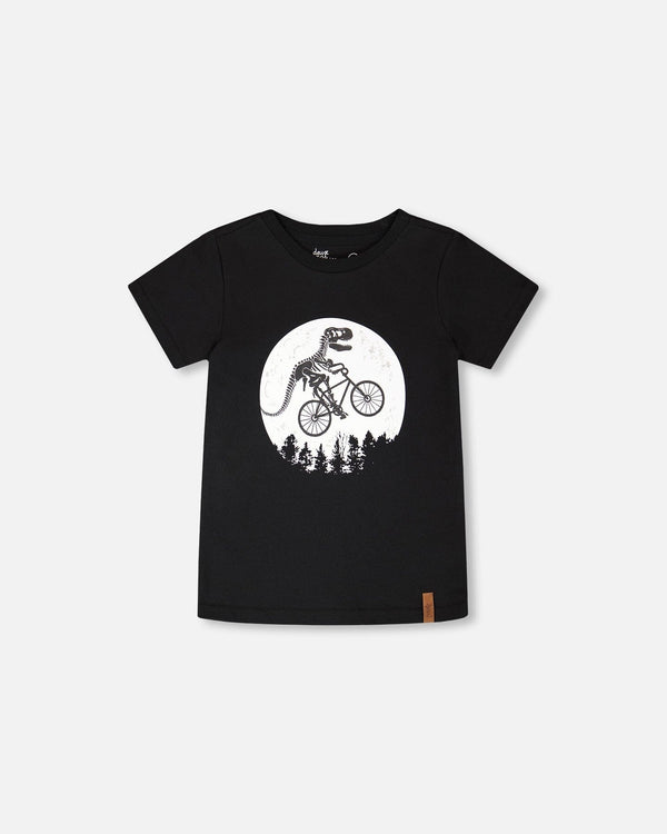 Organic Cotton Jersey T-Shirt With Dino On Bike Print Black - H30U79_09990
