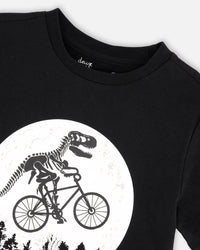 Organic Cotton Jersey T-Shirt With Dino On Bike Print Black - H30U79_09990