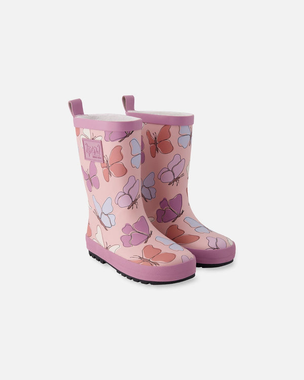 Rain Boots In Natural Rubber Pink Butterfly Print - H30WB10_3H007