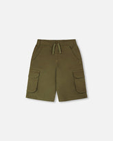 Stretch Twill Bermuda With Cargo Pockets Dark Khaki Green